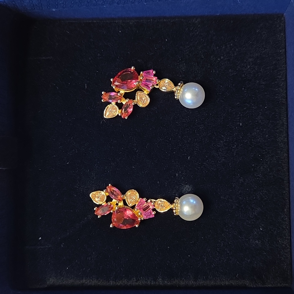 Swarovski Elegant Pink and Gold Pearl Drop Earrings - Picture 3 of 5